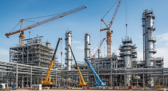 Industrial refinery construction site with multiple cranes and complex structures under a clear sky