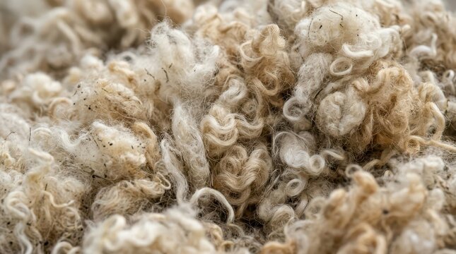 Close-up Macro Texture of Raw Unwashed Sheep Wool Fleece with Natural Curls and Fibers