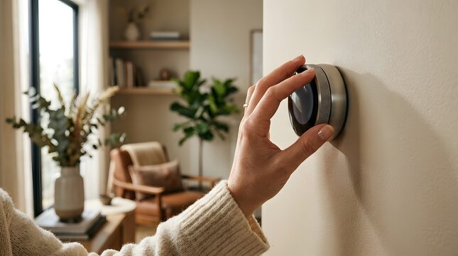 A person adjusts a thermostat mounted on the wall inside a modern living room. The setting includes plants and a cozy chair. Sunlight fills the room, creating a warm atmosphere