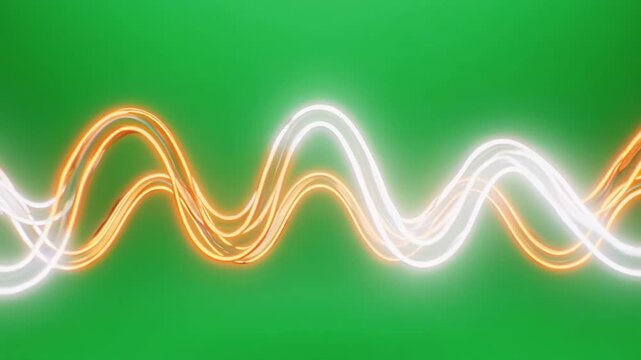 Wavy Neon Lines Dancing in Sync Against Green Background with Subtle Camera Movement