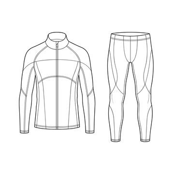 compression training tracksuit with slim fit zip jacket and athletic leggings sportswear set flat sketch vector illustration technical cad drawing template