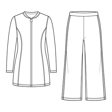 Women's longline training tracksuit with tunic zip jacket and wide leg pants modest sportswear set flat sketch vector illustration technical cad drawing template