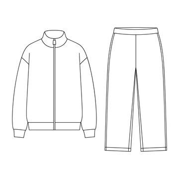 oversized training tracksuit with mock neck jacket and straight leg trousers athletic sports set flat sketch vector illustration technical cad drawing template