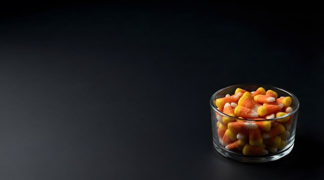 A small glass bowl filled with colorful candy corn isolated on a dark black background