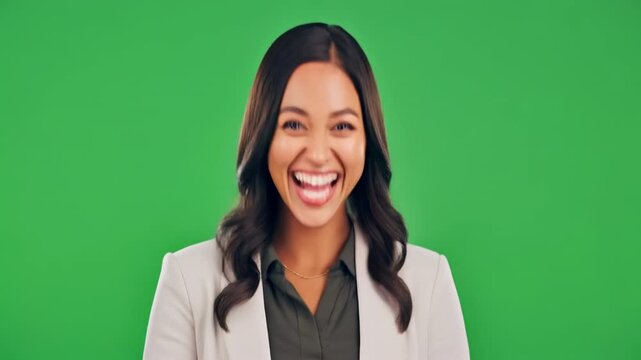 Woman Laughing Expressing Joy with Gestures on Green Screen Background Cinematic Motion