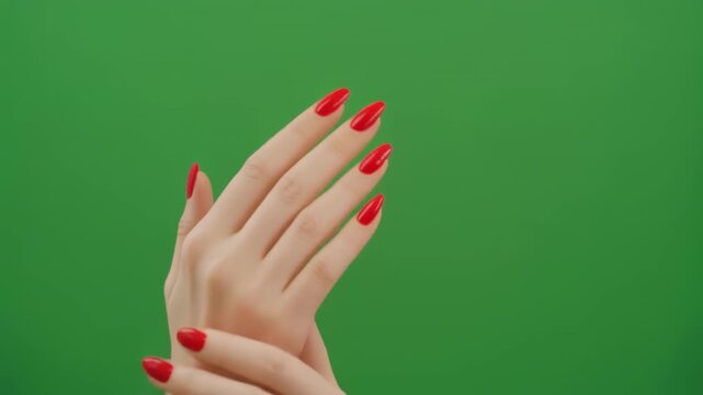 Woman's hands clapping rhythmically with bright red nails against a clean green screen background