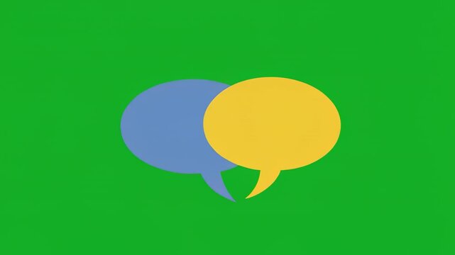 Yellow and blue speech bubbles with shadows moving across a green screen background
