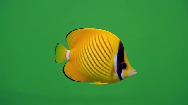 Yellow Butterflyfish swimming gracefully in clear blue ocean water with subtle camera movement