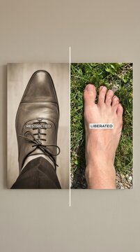 Restricted shoe versus liberated bare foot split comparison for foot health awareness month educational poster illustrating footwear restriction and freedom