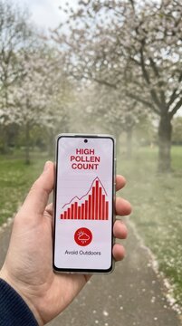 High pollen count smartphone alert showing rising pollen graph in blossom park for allergy awareness banner and health app background