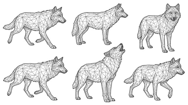 Low Poly Wolf Line Art Collection, Geometric Canine Illustrations Isolated on Transparent Background