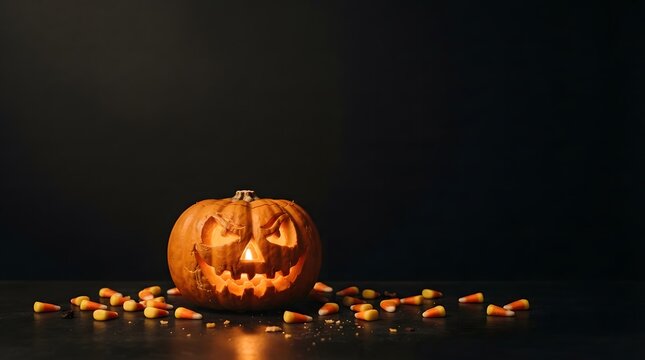 A carved jack o lantern pumpkin surrounded by candy corn on a dark background for halloween celebration