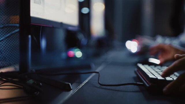 A professional gamer gets a computer setup ready before a video game tournament. The footage highlights gaming hardware, workstation preparation, concentration, and the anticipation of competition.