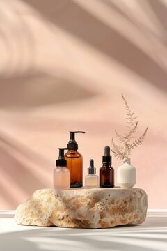 Natural skincare product display for mothers day on pink background with stone pedestal and soft shadows for cosmetic branding and banner design. Copy space