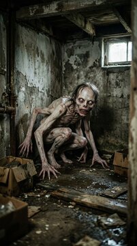 Horror monster creature zombie crouching in basement with halloween multiarm mutant pale skin and white eyes