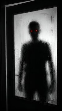 Spooky halloween horror shadow silhouette figure behind frosted glass door with red glowing eyes monster
