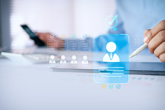 Professional HR recruitment, candidate selection process with digital employee profile interface, resume screening, talent acquisition workflow, online hiring management, human resources technology