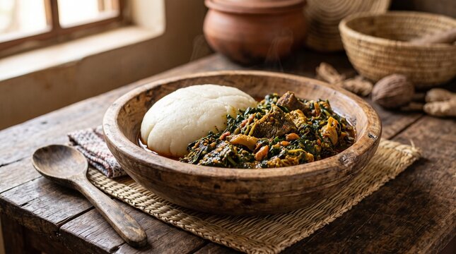 Traditional Ghanaian Fufu and hearty soup with meat served on rustic wooden table in a cozy setting, a delicious and culturally significant meal