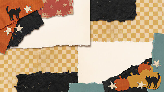 Vintage Halloween scrapbooking background with torn paper layers. Decorative collage with cat, pumpkin and star shapes for festive greeting card or invitation design. Fall holiday texture.