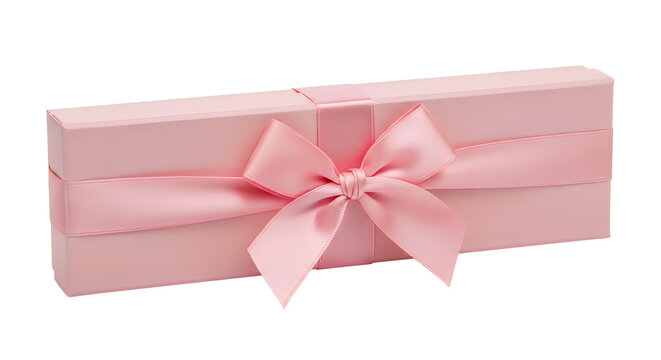 Long rectangular pink gift box tied with a decorative satin ribbon bow for a special occasion