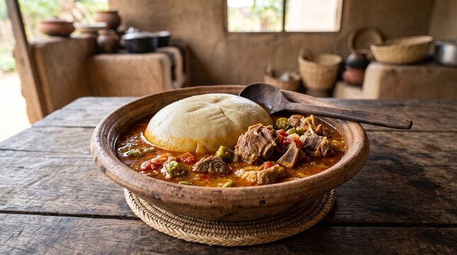 A traditional West African culinary experience fluffy fufu served alongside a hearty, savory meat and vegetable stew, presented on a rustic wooden table