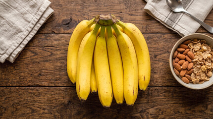 Top-view shot of a fresh banana bunch, bowl of cereal with almonds, spoon, and linen napkins on a rustic wooden breakfast table. © Ibnu Fatah