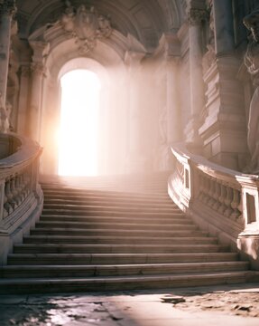 Stone staircase leading to bright spiritual light portal