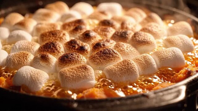 Marshmallow topped sweet potato casserole baking in a skillet. Toasted dessert preparation with bubbling filling for Thanksgiving dinner and holiday celebration.