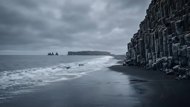 Seamless loop of gentle ocean tide on cinematic black sand beach with basalt cliffs