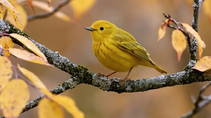 Obraz premium The Yellow Warbler Perched on a Mossy Autumn Branch in Forest Light