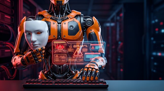 Robot holding a white mask in front of a futuristic data center