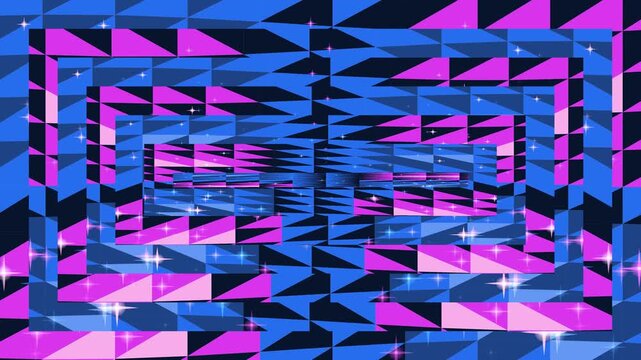 Geometric abstract animation: blue, pink, and black triangles with sparkling light effects in a digital landscape