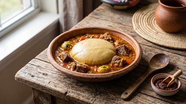 Traditional West African fufu served with rich meat stew in a rustic clay bowl