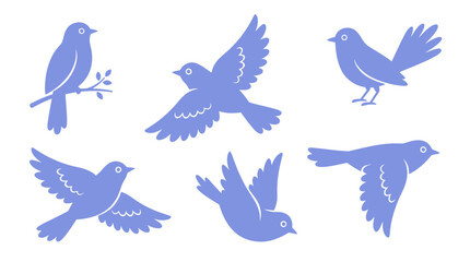 Obraz premium Blue stylized birds flying and perched on branches in a decorative flat vector art set