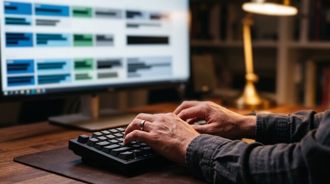 Developer hands typing with data masking redaction bars visible on blurred monitor for data privacy concept