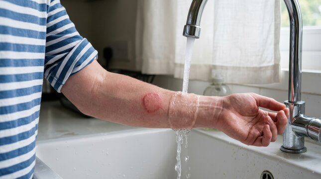Person washing a red circular skin rash or ringworm on their arm under running water in a kitchen sink for first aid.