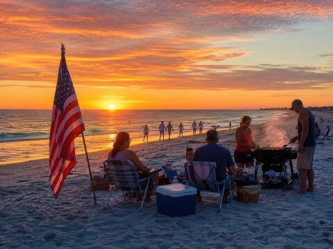 Labor-Day-Strandbarbecue bei Sonnenuntergang mit US-Flagge, Grill und sitzenden G&auml;sten. Atmosph&auml;rische K&uuml;stenszene mit warmem Abendlicht, Meerblick und entspanntem Feiertagsgef&uuml;hl.