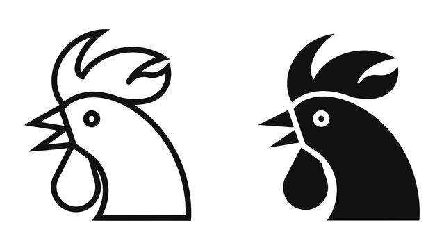 Stylized rooster head vector icon in minimalist outline and solid black design style