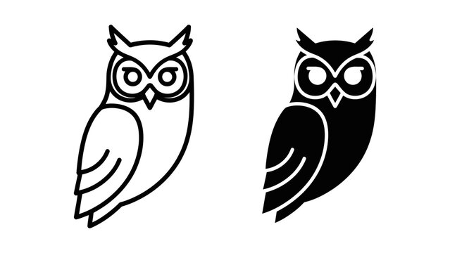 Wise owl bird icon in clean outline and solid black minimalist vector style