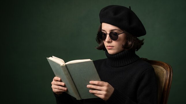 Dark academia portrait of a stylish young woman reading a vintage book