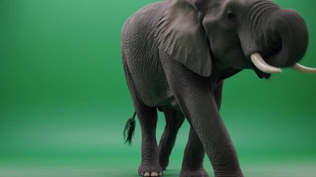 Majestic elephant walking forward against a vibrant green studio background with subtle camera zoom