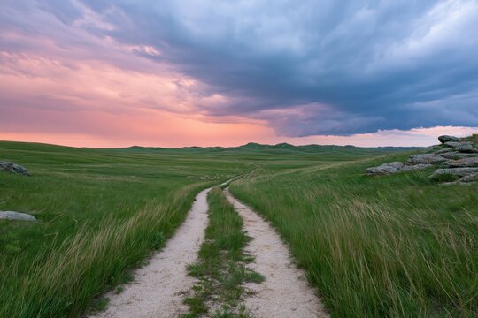The Serene Dirt Path Through Rolling Grassland At Sunset Horizon
