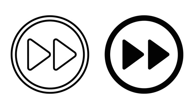 Fast forward button icon in circular frame in outline and solid black vector design
