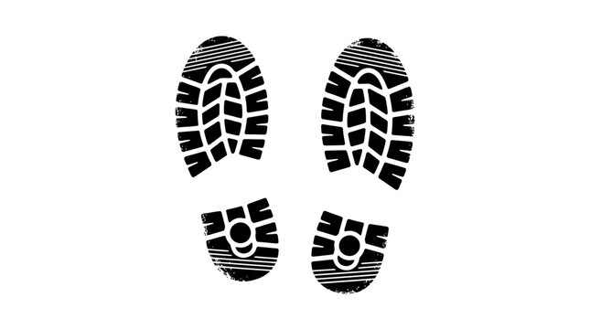 Black boot footprints showing detailed tread patterns in a high contrast flat vector graphic style