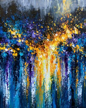Abstract painting depicting bright light bursting through a dark forest