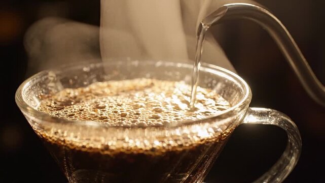 Hot water poured from a gooseneck kettle into a glass cup of coffee, showing the brewing process and preparation of a fresh drink