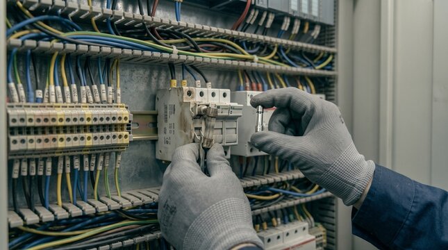 Industrial electrical panel maintenance, electrician hands fixing circuit breaker fuse box