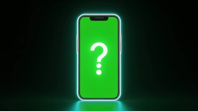 Modern smartphone displaying glowing green question mark with cinematic lighting and subtle motion