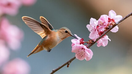 Fototapeta premium The Hummingbird Hovering at Pink Blossoms on a Thin Branch