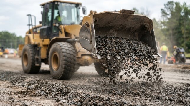 Yellow caterpillar front loader dumping gravel at a construction site